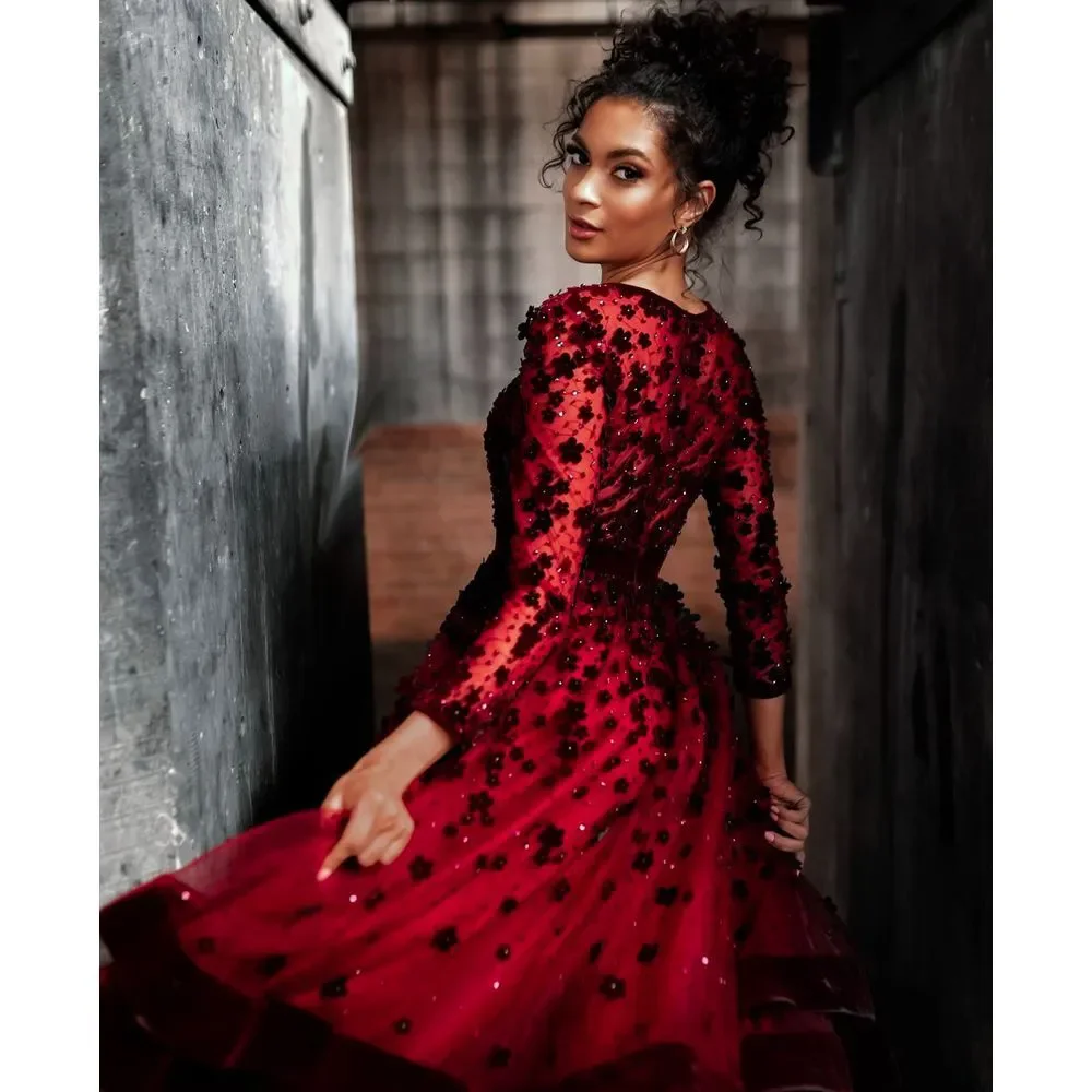 Mac Duggal Embellished Illusion High Neck Long Sleeve Fit & Flare Dress - Size 6 - Picture 3 of 16